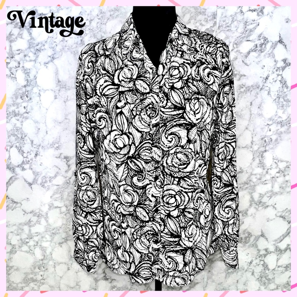 East 5th 90s Black White Floral Rose Button Up Blouse Women’s Medium - Picture 7 of 7